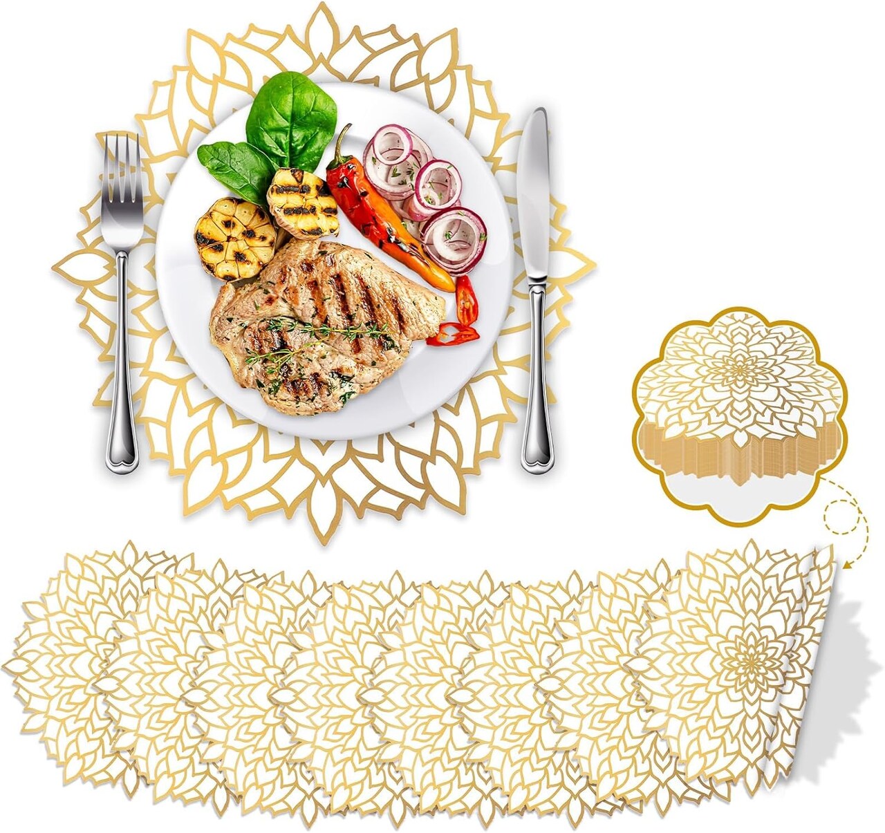 50PCS Disposable Gold White Metallic Round Paper PlaceMats Round Floral Charger Table Mat Table Setting Mat Pressed Paper Round Place Mats for Wedding Birthday Party Dining Table Decor Supplies